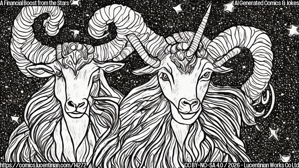 Draw a cartoon style picture of an Aries (representing a person with a red head and horns) holding a large sum of money, with a starry night sky in the background.