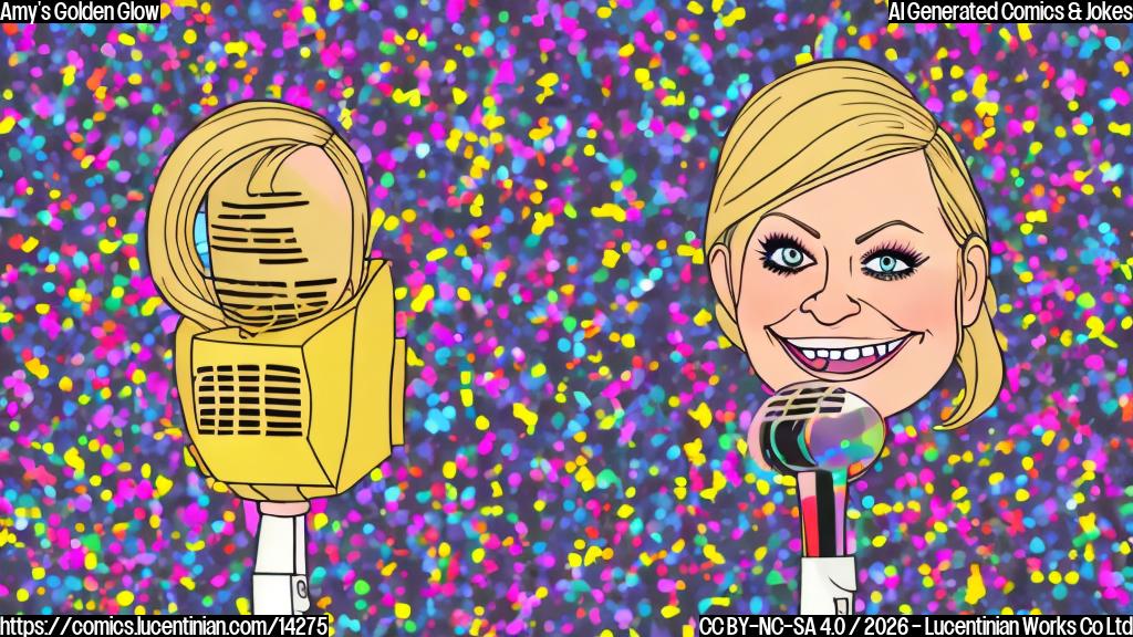 Draw a cartoon of a smiling, golden-globed microphone surrounded by confetti and a few people cheering in the background, with a subtle image of Amy Poehler's face in the center, looking pleased and surprised.