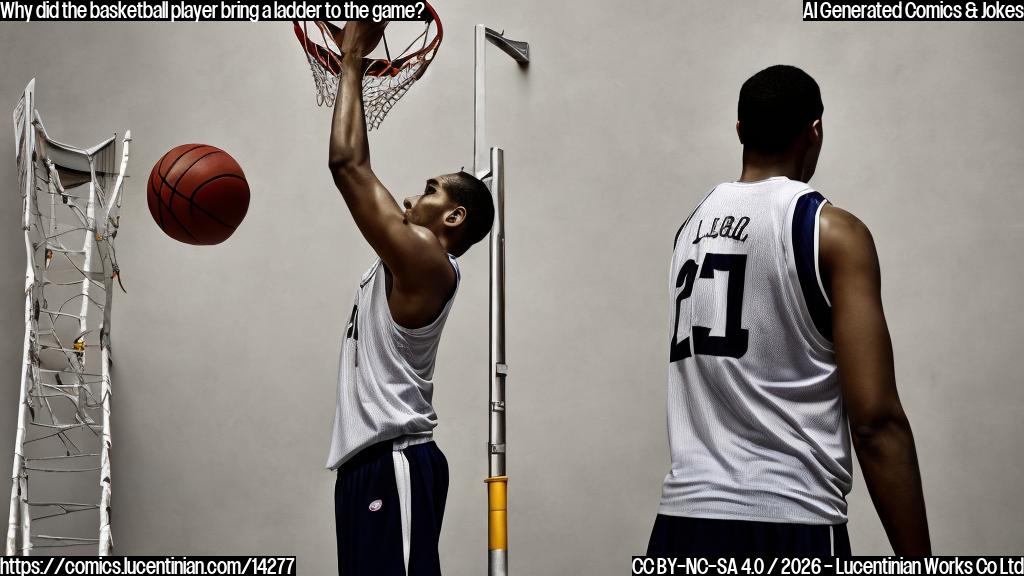 a tall basketball player standing next to a hoop with a ladder beside it, looking up at the hoop with a determined expression