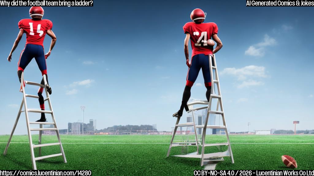 A football player holding a ladder and standing on top of it, with a football field in the background. The ladder should be positioned in a way that suggests the player is using it to reach new heights.