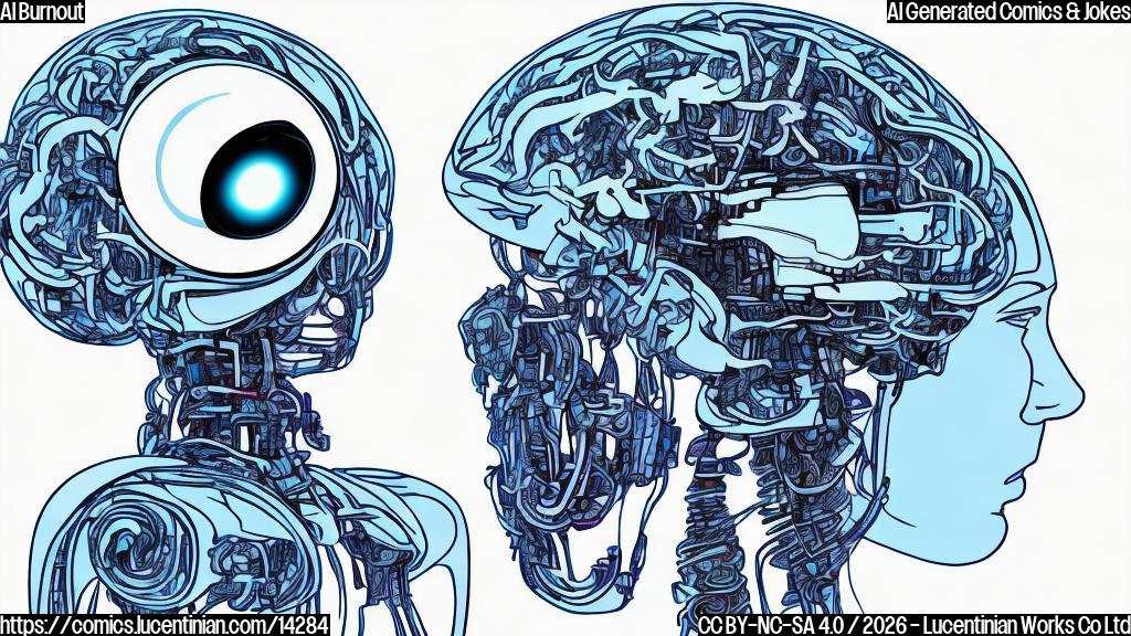 Draw a cartoon-style image of a robot or android with a shocked expression, leaning against a white background with a faint diagram of a human brain in the foreground. The robot's eyes are closed, and its arms are crossed over its chest, as if it's exhausted from trying to understand too much about human emotions.