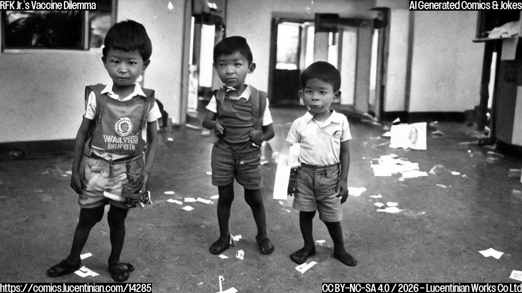 A young boy, wearing a vaccination vest with a few missing patches, holds a small ladder while standing in front of a pediatric ward. He looks determined and slightly mischievous, with a few vaccine-related paraphernalia scattered around him.