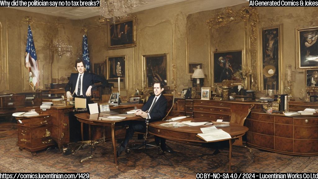 A wealthy-looking man with a briefcase and a suit sitting at a large desk, looking uninterested in a stack of papers in front of him. The room is decorated with expensive art pieces and a large American flag on the wall behind him. He has a hint of a smirk on his face.