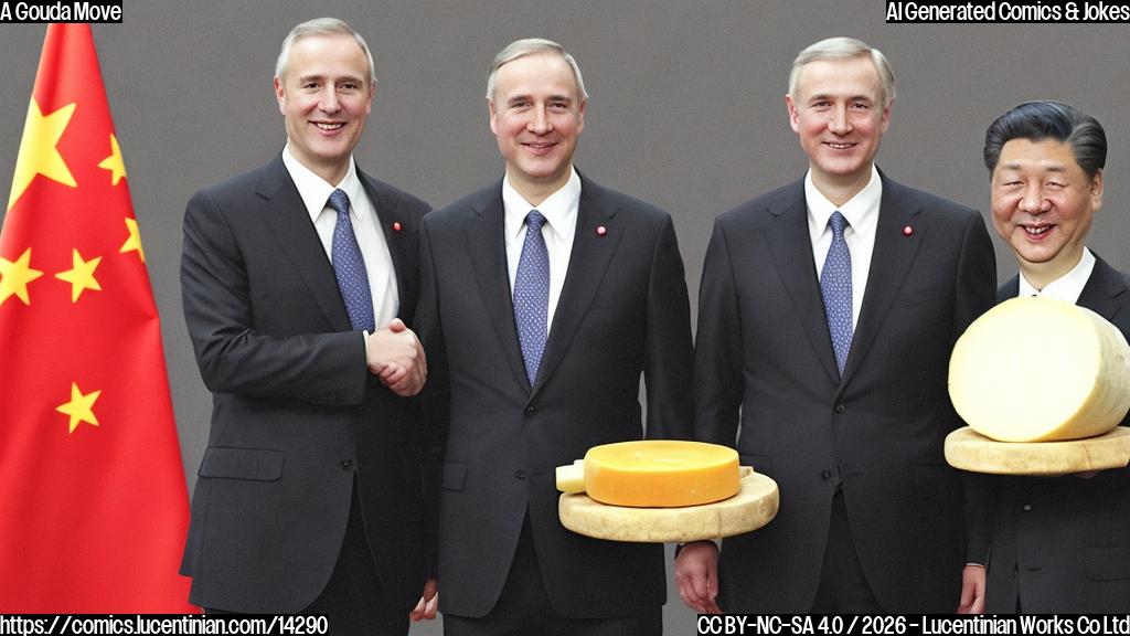 A cartoon of a serious-looking Canadian Prime Minister, dressed in business attire, holding a large wheel of cheese and standing alongside a more relaxed Chinese leader, both smiling and shaking hands.