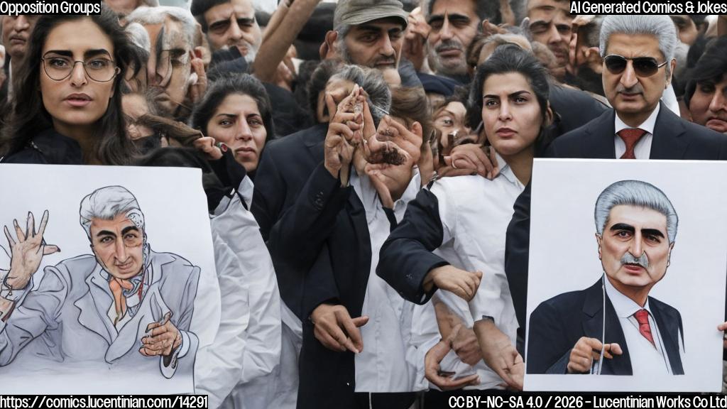 Draw a cartoon of a person holding a sign with the words 'dissident' and 'script' on it, with Reza Pahlavi in the background holding a similar sign. The background should be a blurred protest scene with people chanting and holding signs with different languages written on them.