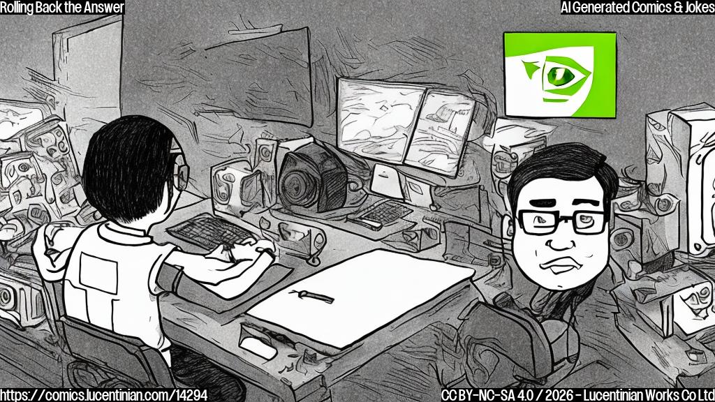 Draw a cartoon-style picture of a person sitting in front of a laptop with an NVIDIA logo on the screen. The person is holding a " rollback" button and has a surprised expression on their face. In the background, there's a faint image of a deleted webpage with the text "NVIDIA N1X" crossed out.