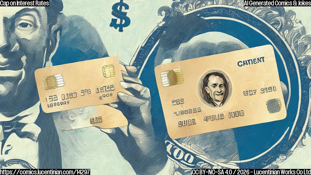 Illustration of a smiling credit card with a worried expression, surrounded by dollar signs and interest rate caps, sitting on a therapist's couch with a puzzled human face in the background.