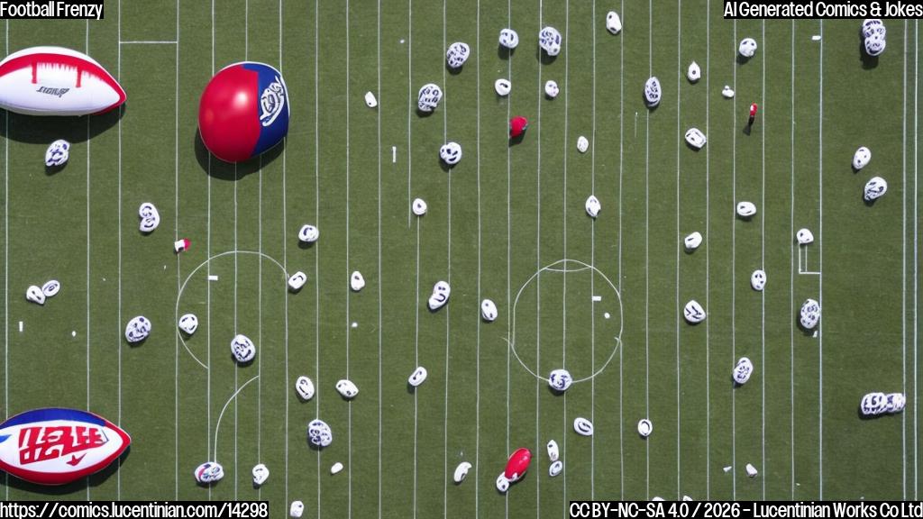 A football field with a few inflatable elements, such as a deflated balloon or a partially-inflated football. The scene should convey a sense of unease or concern, with the football team's equipment and gear slightly askew.
