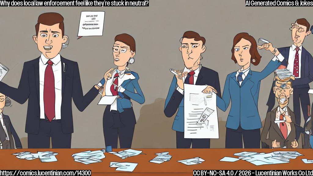 A cartoon-style image of a person wearing a suit and tie, surrounded by papers and pens, with a frustrated expression on their face. They are standing in front of a city council meeting, with a municipal councilor (a middle-aged woman with a determined look) holding up a sign that says "Sand in the gears" while pointing at them.