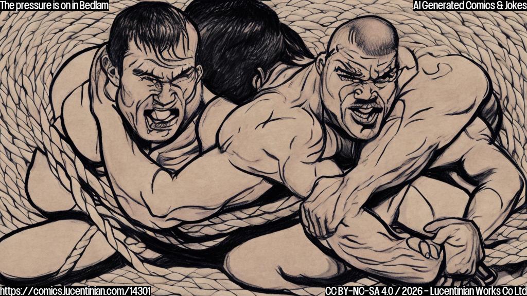 Draw a cartoon of a person (wrestler) with a worried expression, lying on a mat with wrestling ropes tied around them. The background should be a blurred image of two wrestlers facing each other, their arms locked in a tight grip.