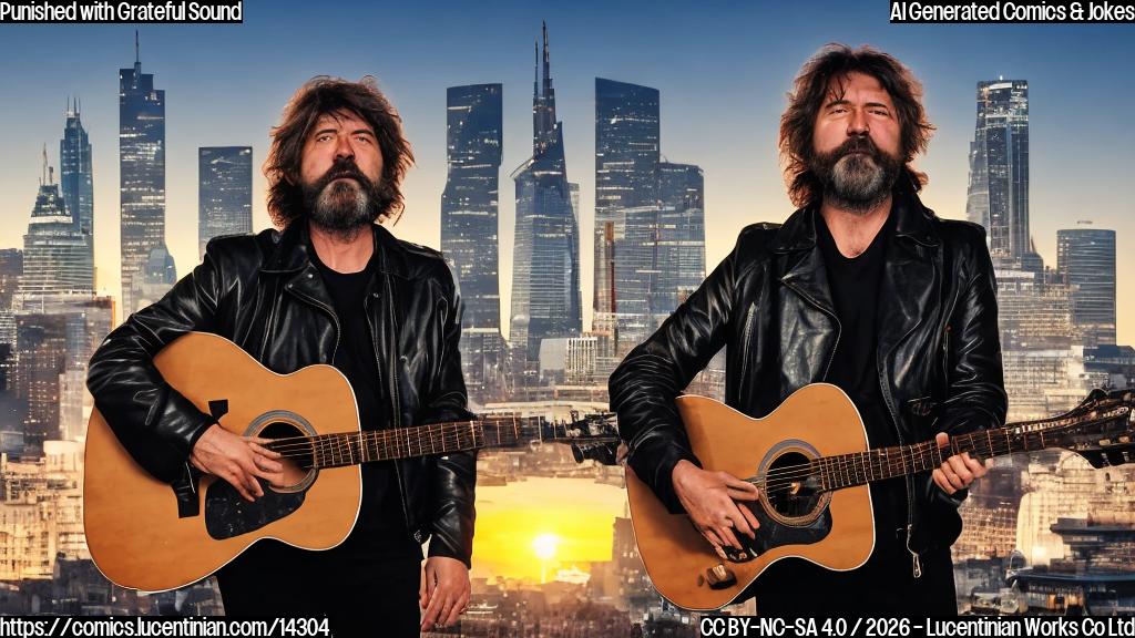 A middle-aged musician with a shaggy beard and a guitar, standing in front of a city skyline at sunset. He is wearing a black leather jacket and has a nodding expression on his face as if he's remembering the past.