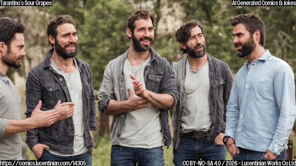 A group of three men, one playing a rugged actor, another with a quirky gaze, and the third with a charming smile, standing in front of a camera, looking uncomfortable and arguing amongst themselves. The rugged actor is gesturing animatedly with his hands, while the quirky guy has a bemused expression on his face, and the charming smile is starting to fade away from the rugged actor's face.