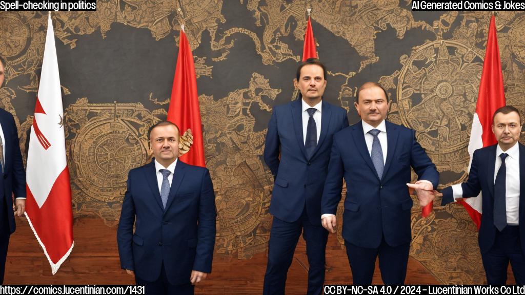 A middle-aged man with a stern expression and a suit is standing next to a ladder, while another man with a similar expression but wearing a suit with a Hungarian logo is standing in front of him. The background is a diplomatic meeting room with several flags and maps on the walls.