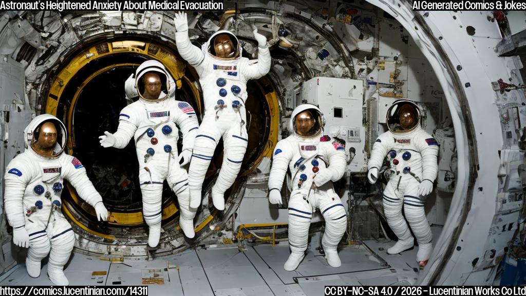 A group of astronauts in white spacesuits standing near an open hatch on a large cylindrical spacecraft, with a ladder leaning against the hull and one astronaut holding onto it for support.