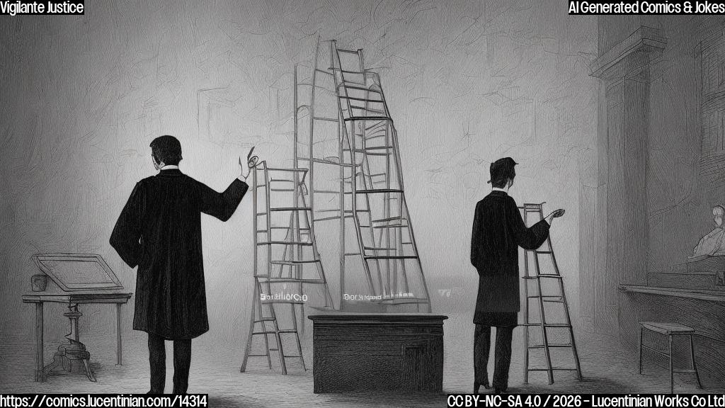 Illustrate a cartoon of a person, with a determined expression, holding a ladder and standing in front of a judge's bench. The background should have a cityscape with a faint glow to represent the digital world.