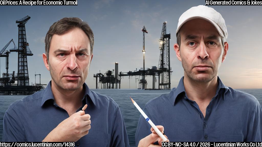 A worried-looking economist with a shocked expression, standing next to an empty oil rig, with a thermometer showing a rising oil price graph in the background. The economist is holding a broken pencil and looking frustrated.