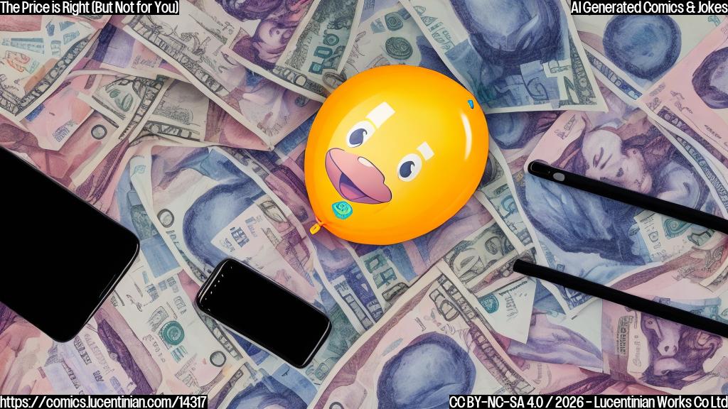 Illustrate a cartoon of a sad, inflated balloon with a wallet and a Samsung logo on its side, surrounded by rising prices and financial graphs.