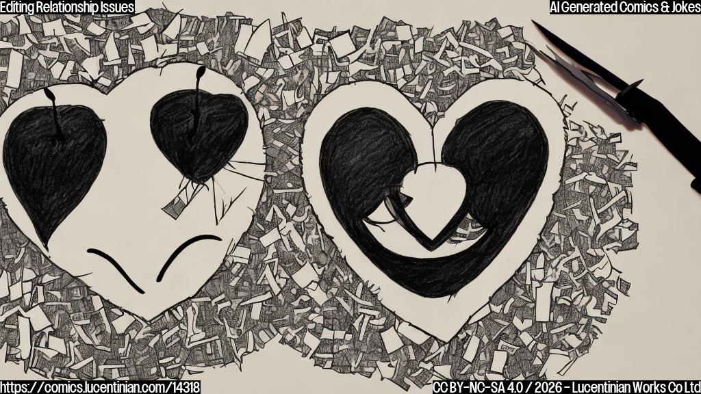 Draw a cartoon of a smiling face with a torn heart, surrounded by scissors and a faint Apple logo in the background. The face should have a faint expression of frustration or sadness.