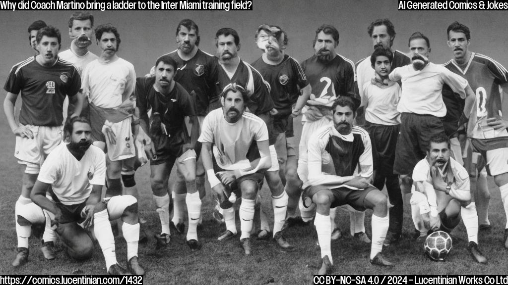 a middle-aged man with a bushy mustache and a passionate expression standing in front of a soccer ball, wearing a coaching whistle around his neck, surrounded by soccer players on the training field, with a ladder leaning against one side of the goalpost