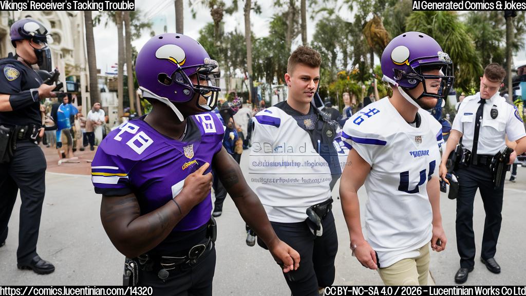 A young man with short, spiky hair and a football-shaped helmet is seen being led away by police, while another man in a Vikings jersey looks on in the background. The scene is set in a bustling city street in Tampa, Florida, with palm trees and streetlights visible. The young man's hands are cuffed, and he has a mix of embarrassment and frustration on his face.