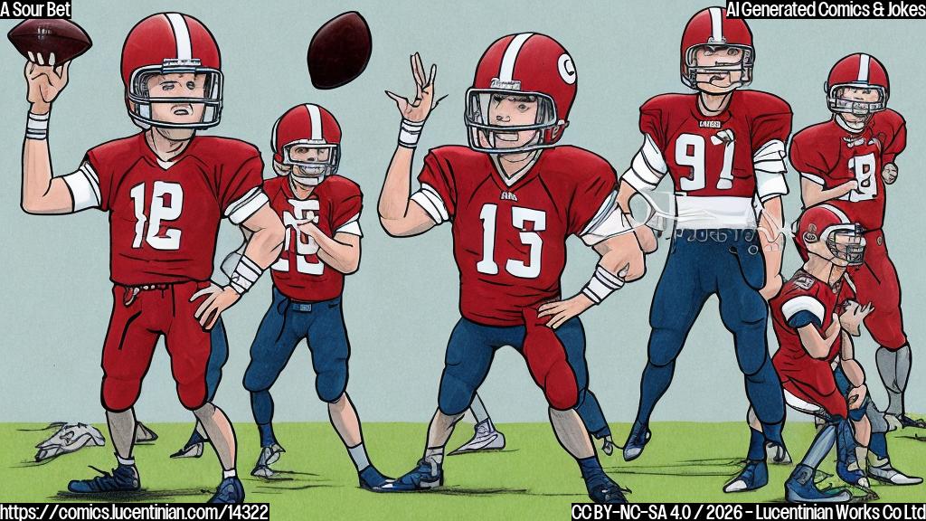 Draw a cartoon-style illustration of a quarterback standing on a ladder, with footballs and helmets in the background. The quarterback should have a confident expression, with a slight smirk on their face.