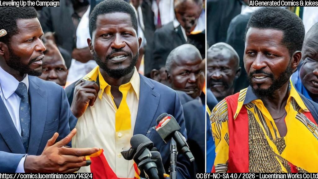 Draw a cartoon of Bobi Wine holding a ladder, with a confident smile on his face and Yoweri Museveni in the background looking uncertain. The ladder should be positioned at an angle, suggesting that Bobi Wine is about to "level up" the campaign.