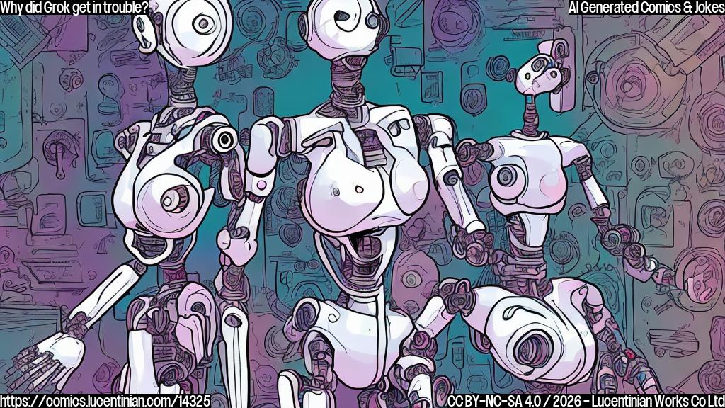 Draw a cartoon of a robot with a surprised expression, surrounded by clothing items, with a subtle hint of nudity in the background, symbolizing the AI model's limitations.