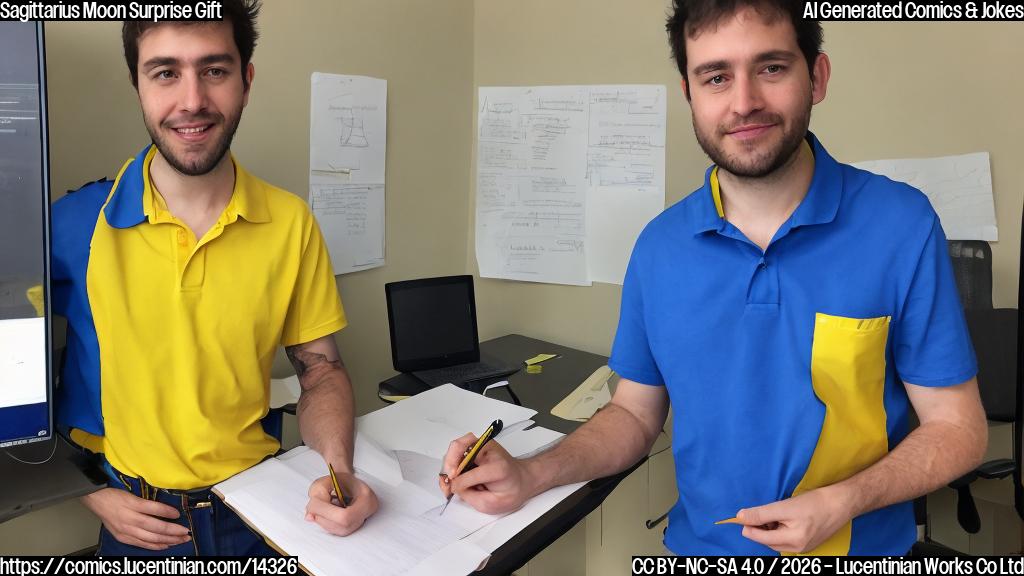 A person with their back to us, wearing a blue shirt and yellow pants, standing in front of a desk with a pen and paper on it. The desk has a chair behind it, and the person is gesturing for help or attention.