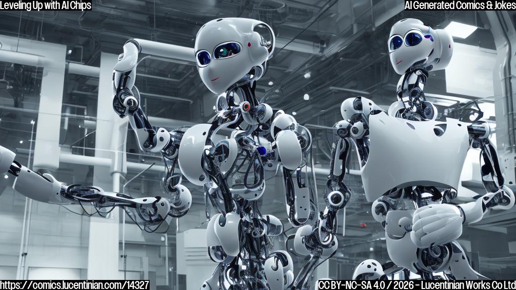 A humanoid robot with a tool belt and hard hat stands in front of a sleek, modern workstation. A giant computer chip is visible on an adjacent workbench, with cables and wires snaking out from it. The robot's arms are raised, holding the ladder and a notebook, as if taking detailed notes or measurements.