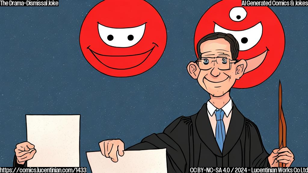 Draw a cartoon style picture of Judge Merchan with a smiling face, holding a document with a red X marked through it. In the background, there is a city skyline with a giant eye roll emoji above the judge's head. The image should convey a sense of relief and dismissal.