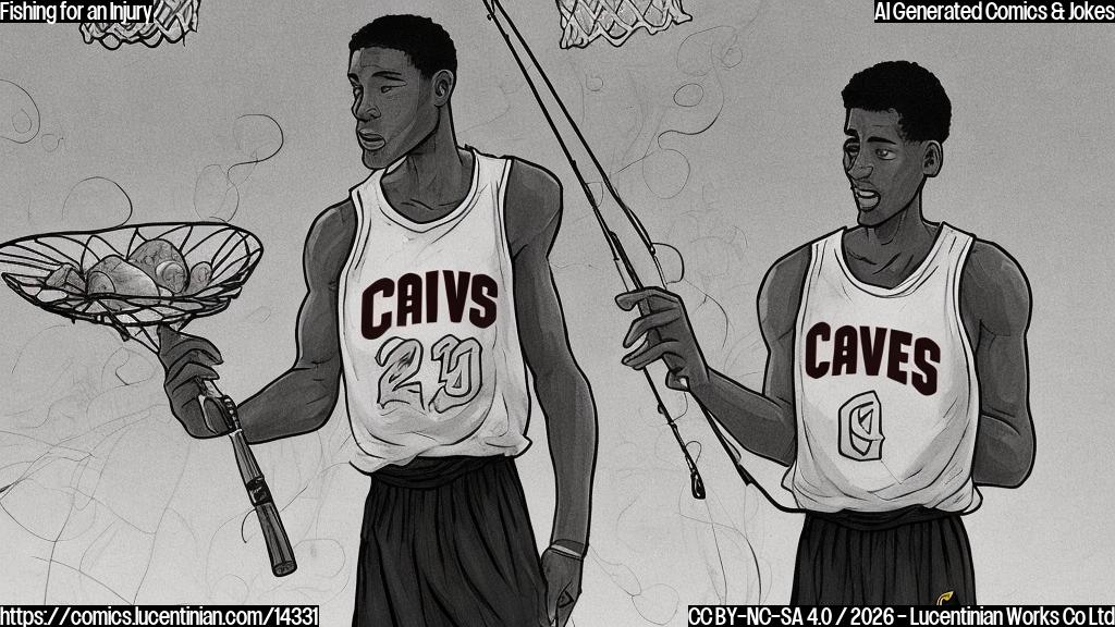 Draw a cartoon-style image of a basketball player in his 20s, wearing a Cavs jersey and standing next to a seafood stall with a fishing rod in hand, looking concerned. The fish on display should be a cod.