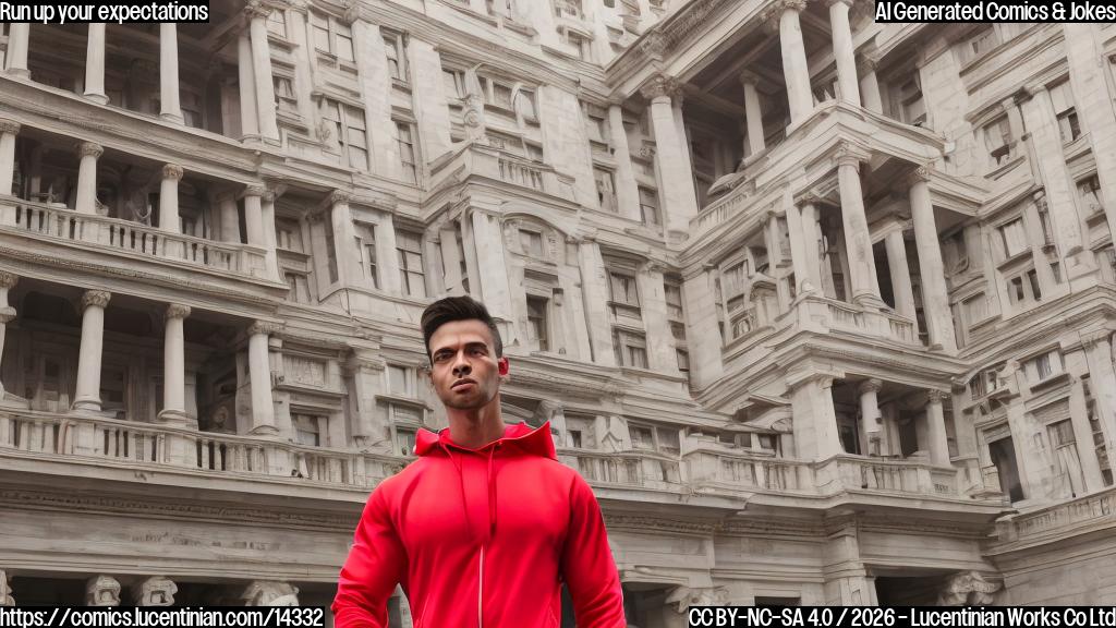 A muscular figure with a determined expression, wearing a red jogging suit and holding a step, standing next to a staircase in front of a grand building with steps leading up to it.