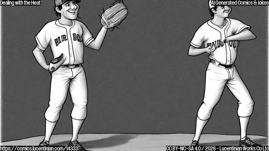 Draw a cartoon of a baseball pitcher standing on a small ladder, with a big smile on their face and a baseball glove in hand. The background should be a sunny day with fluffy white clouds.