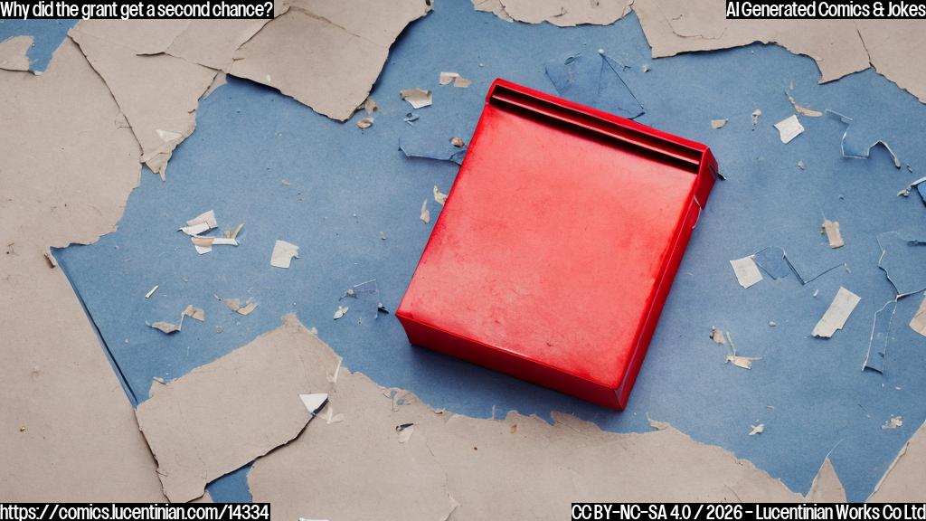 A large, red box with a few torn edges, containing a pen and a briefcase, is placed in front of a subtle blue background with a faint outline of a government building. The box has a slight tear on the side, suggesting that some funding was indeed cut off.