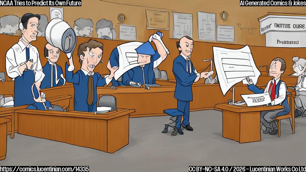 Draw a cartoon of a person holding a megaphone, standing in front of a judge's bench. The person is wearing a referee uniform and has a puzzled expression. Behind them, there's a whiteboard with equations and charts related to sports betting. The background is a courtroom with a judge's desk and two chairs for the defendant and the prosecutor.