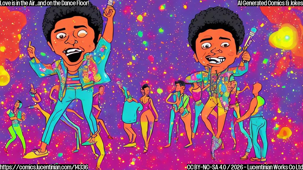 A cartoon-style picture of Bruno Mars, dressed in a sparkly outfit, standing on top of a ladder with a microphone in hand, surrounded by dancing couples, all swaying to music. The background should have a bright, colorful dance floor with hearts and flowers floating around.