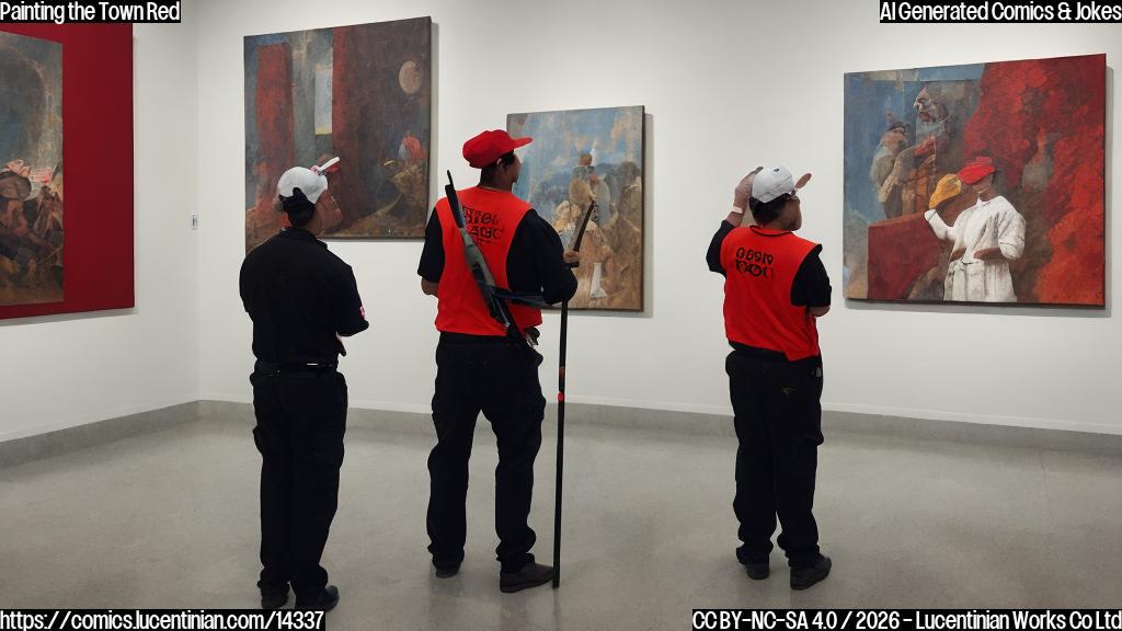 A security guard standing next to a painting of a wall with a brush, wearing a red vest and hat, looking at a person holding a red paintbrush with a suspicious expression on their face.