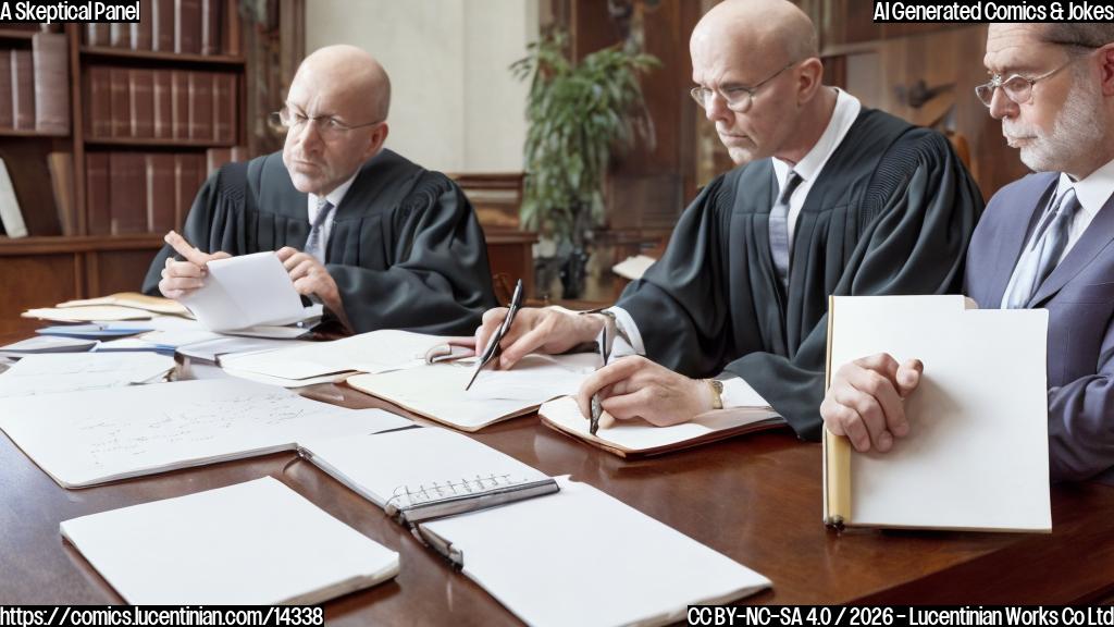 a stern-looking judge with a scowl on their face is shown holding a notebook with scribbled notes and a pen, while a more relaxed lawyer sits across from them, looking worried and taking notes