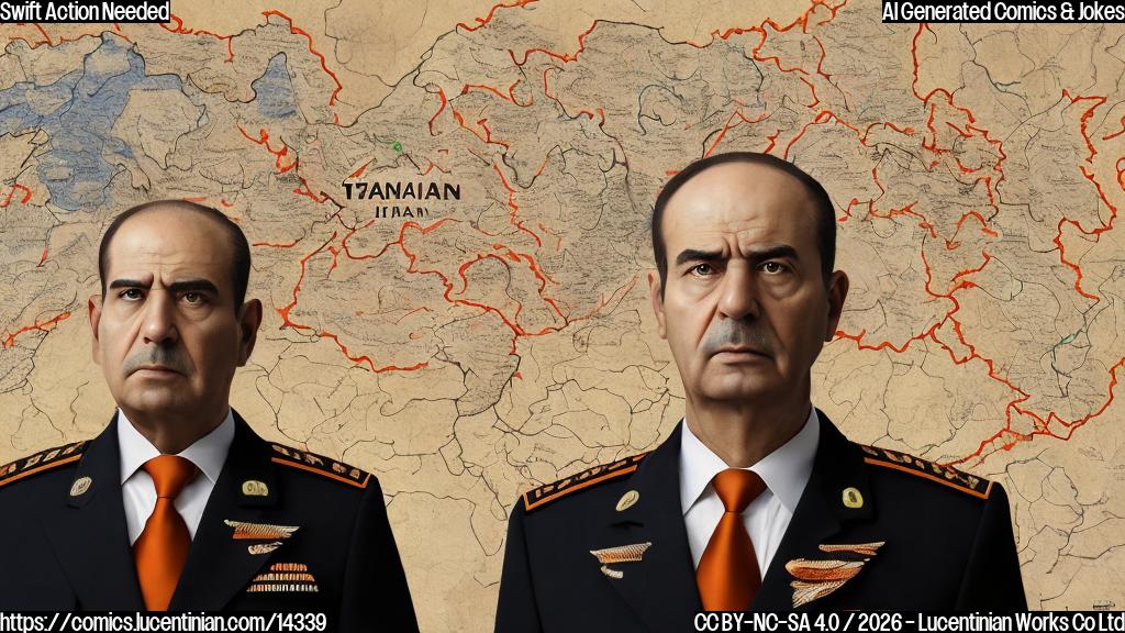 A stern-looking general, wearing a suit and holding a large map of Iran, stands in front of a clock with a ticking hand. The background is a subtle gradient of red and orange hues, evoking a sense of urgency and danger. The general's facial expression is determined, with a hint of concern.