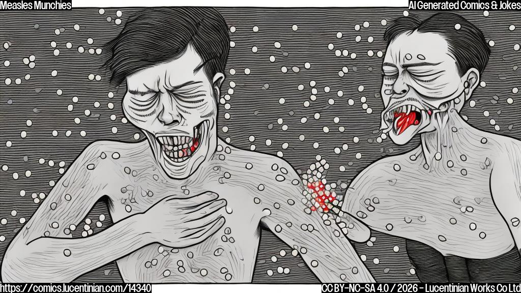 a cartoon of a person sneezing and having an allergic reaction, with a few measles-shaped hives on their arm, surrounded by small vaccine vials and syringes