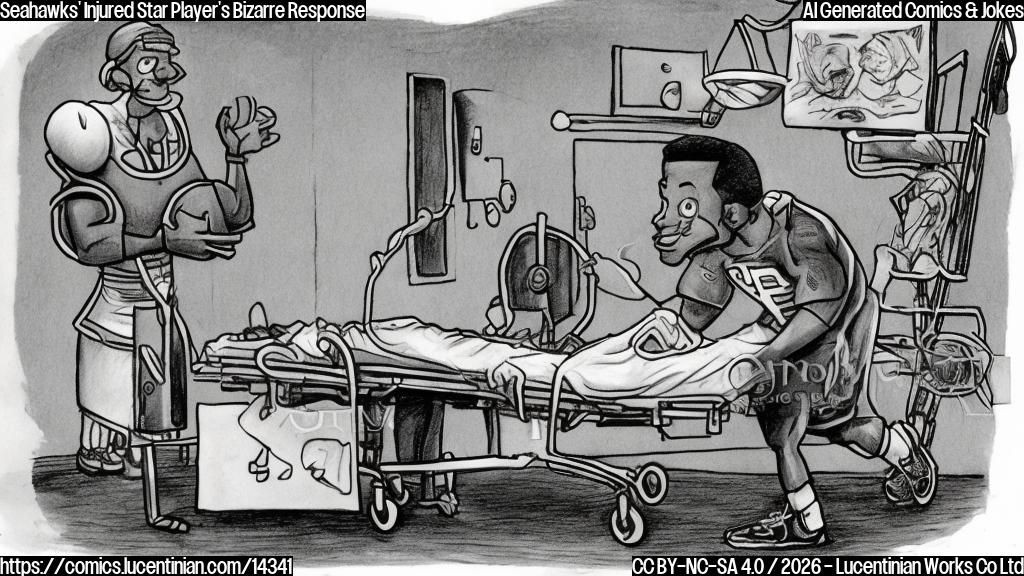 Draw a cartoon of a football player, dressed in Seahawks gear, standing on top of a medical table, holding a ladder and looking concerned. The player has an injured arm wrapped in a bandage, and there is a faint image of a doctor's office in the background.