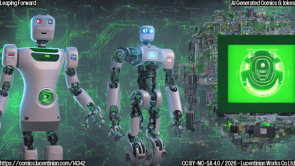 A robot with a large jump moving forward and its circuit board visible, surrounded by green screens displaying the Android 16 QPR3 logo in various sizes