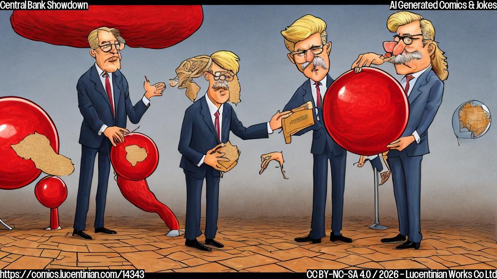 Illustrate a cartoon-style picture of a US President (with blonde hair and a bushy mustache) standing in front of a large, red "Rate Cut" sign, with a surprised Federal Reserve Chair (middle-aged man with glasses) in the background, holding a puzzle piece that fits into a giant, broken globe.