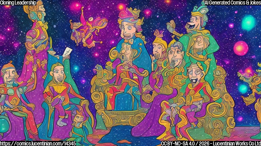 Draw a plain color cartoon style picture of a person sitting on a throne, with a galaxy-like background and multiple smaller versions of themselves standing in front of them, all wearing different colored robes.