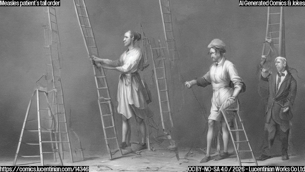 A person with a contagious illness, such as measles, standing next to a tall ladder