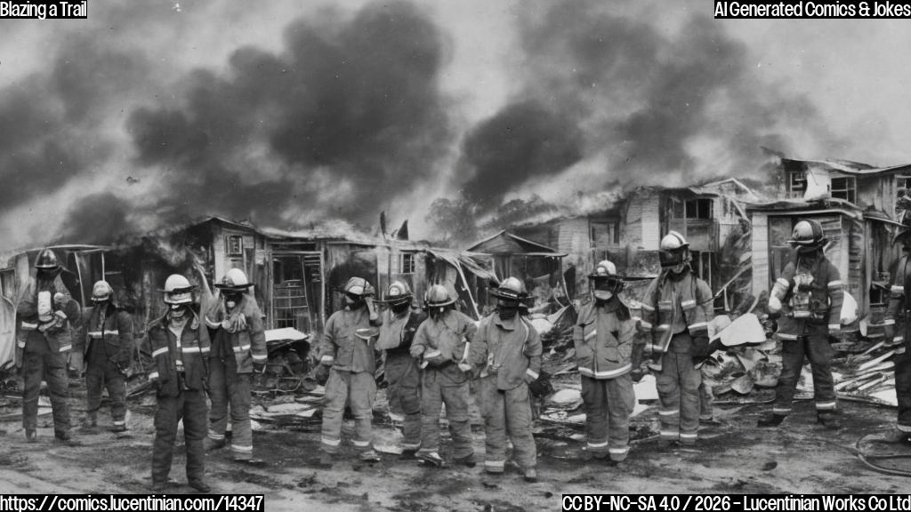 A group of determined firefighters wearing helmets and face masks stand outside a row of makeshift homes engulfed in flames, with a massive fire truck parked nearby, surrounded by a sea of smoke and flames. The buildings are made of corrugated iron and wooden frames, with people watching from a safe distance.