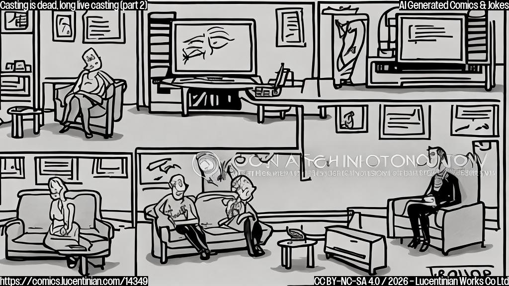 Draw a cartoon-style picture of a person sitting on a therapist's couch, with a confused expression on their face. The person has a remote control in one hand and a script in the other. In the background, there are two screens showing different versions of a TV show, with one screen being the original version and the other screen being an alternate version.