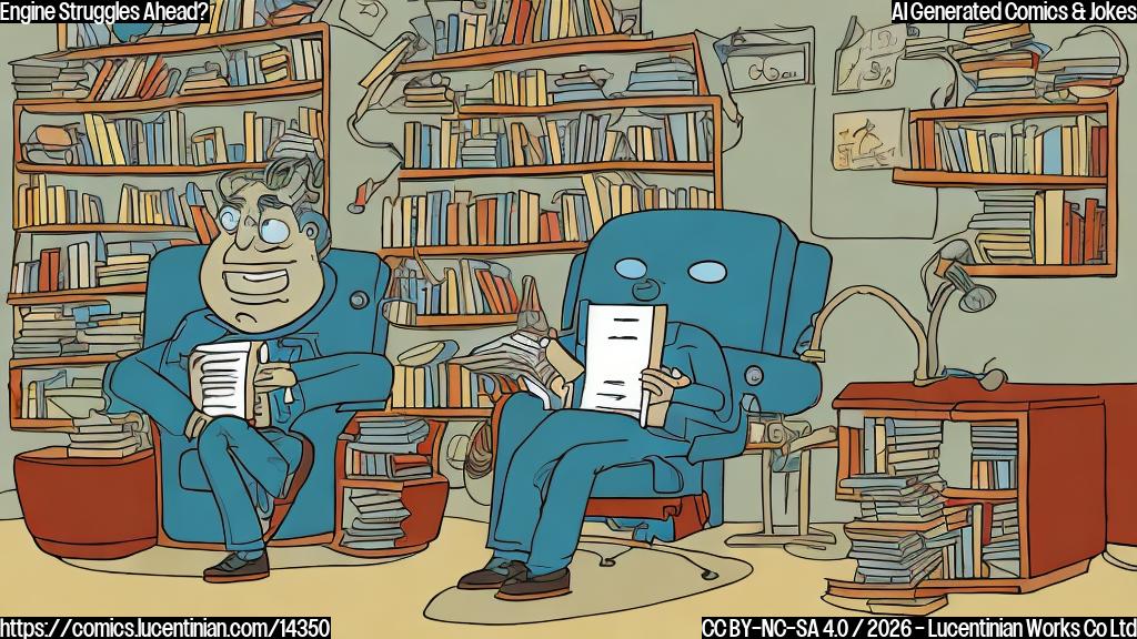 A cartoon-style illustration of a worried-looking engine (think: a blue or green, cylindrical shape with glowing red lights and a frowning face) sitting on a therapist's couch, surrounded by racing-themed books and papers. The therapist, a calm and friendly figure (perhaps a green or yellow humanoid shape), is leaning forward with a gentle smile, ready to listen.