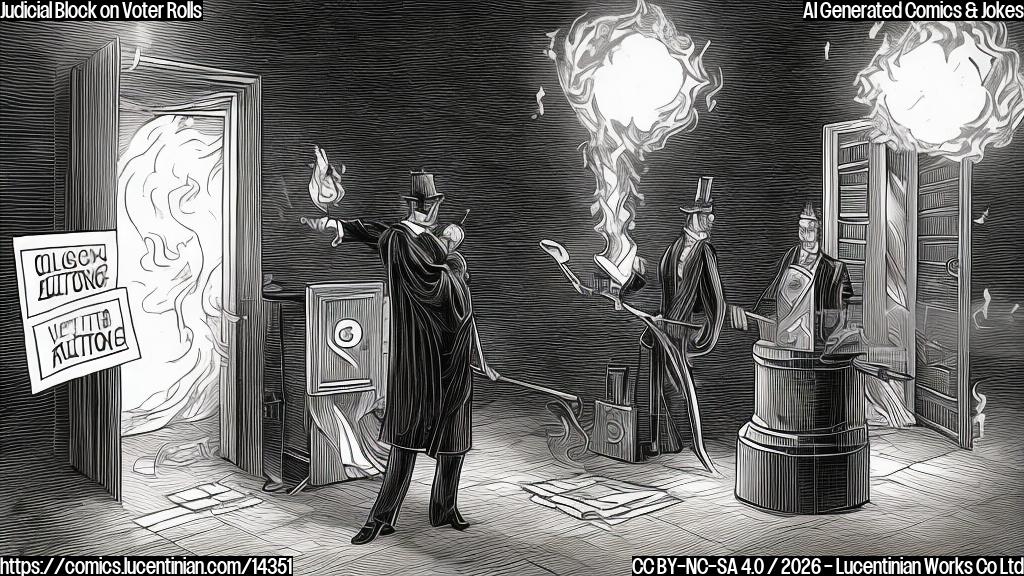 A stylized illustration of a judge (dressed in a formal suit and holding a gavel) standing in front of a large, locked door with a ballot box icon on it, while a figure in the background is trying to force open the door with a crowbar, surrounded by flames. The sky above has a hint of flames and smoke.