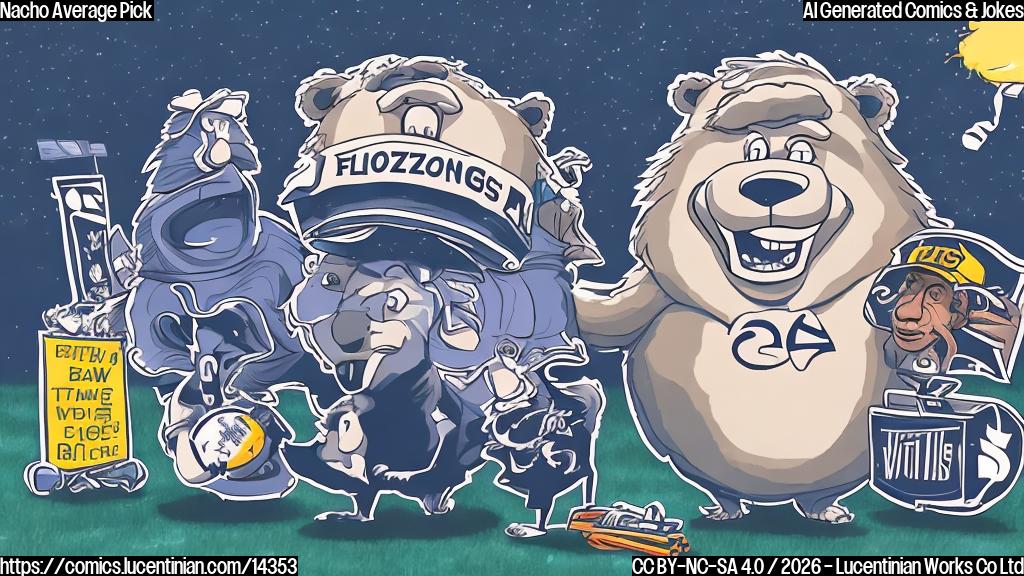 Draw a cartoon style picture of a football field with a sad-looking bear in the middle, holding a sign that says "I'm frozen out" while a smiling Rams player is shown watching from the sidelines on a TV screen with the NBC logo on it.